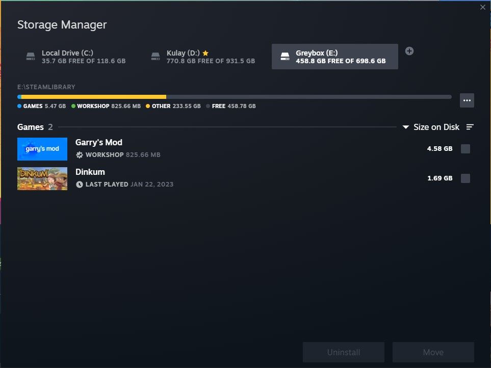 Added external drive on other system on Steam storage manager