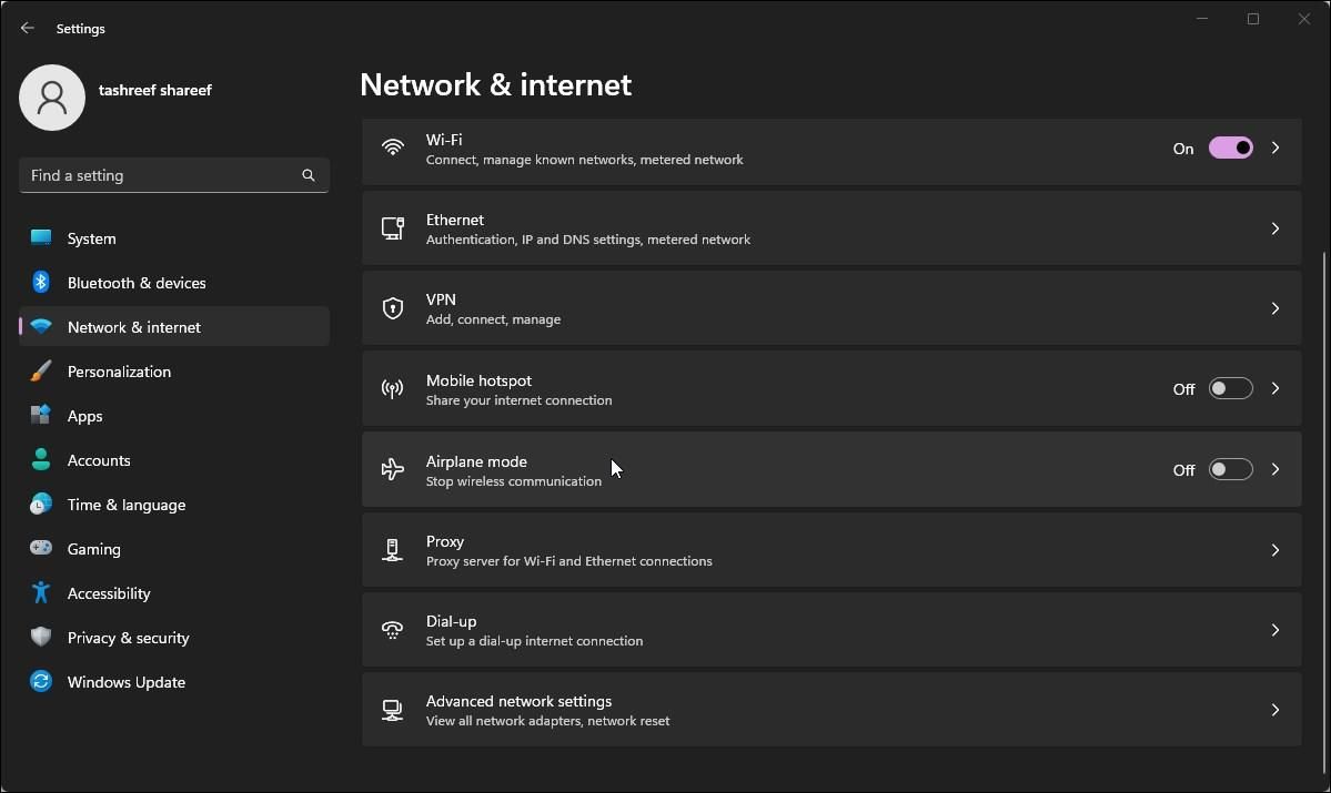 airplane mode windows 11 settings