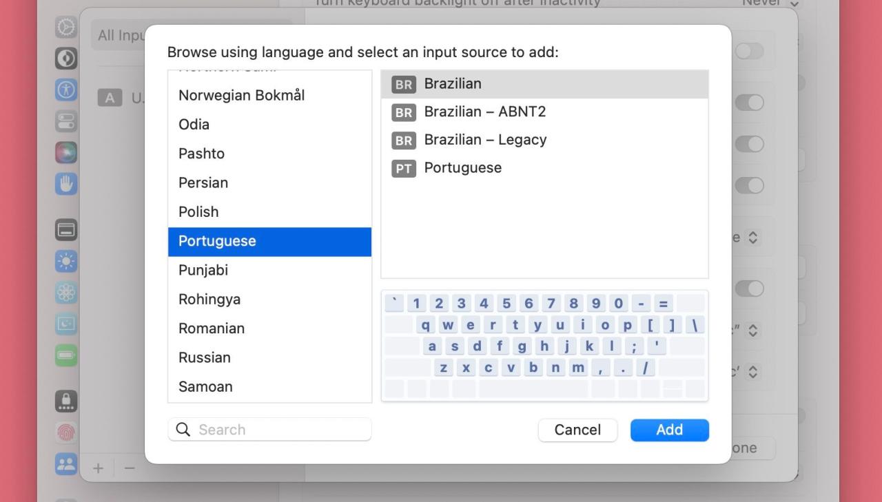 Brazilian keyboard input settings in System Settings