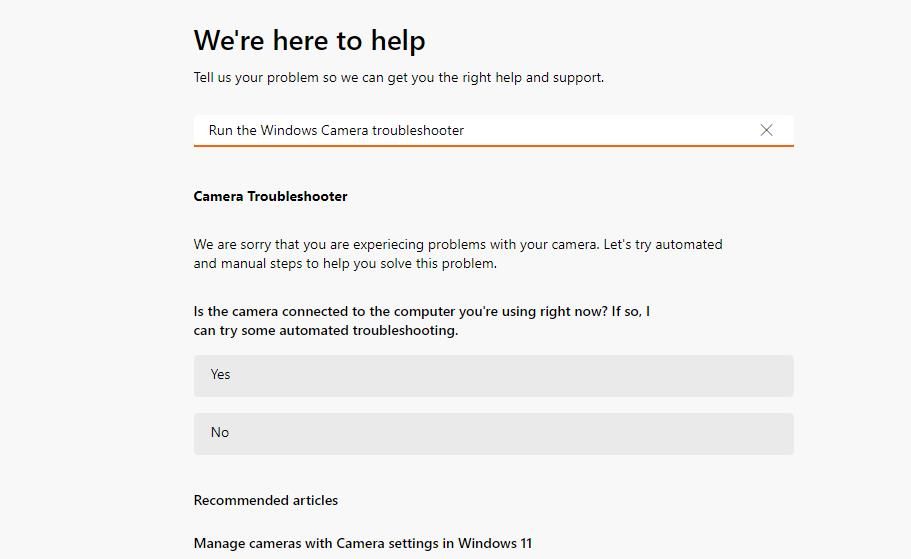 The Camera troubleshooting window 