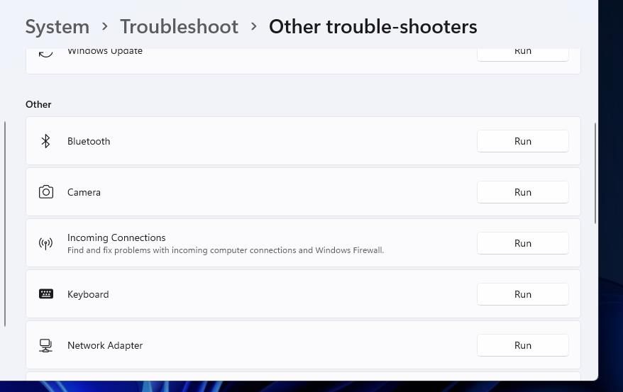 The Run Camera troubleshooter option 