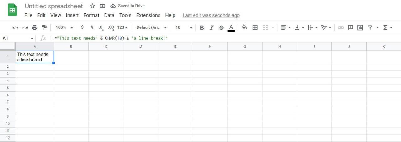 Adding line breaks in Google Sheets with the CHAR function