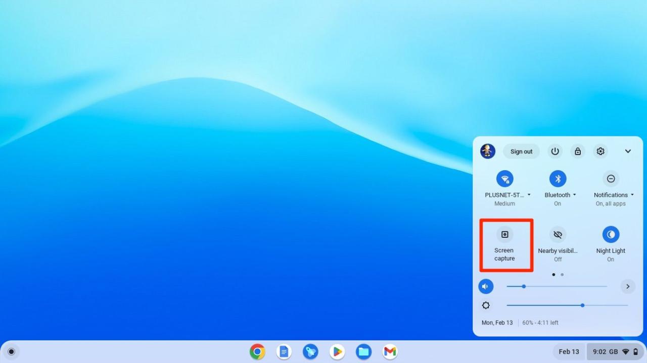 Chrome OS Quick Settings panel with Screen Capture option