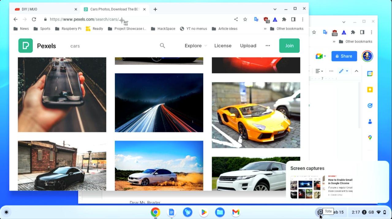 ChromeOS desktop with screenshot previews in Tote holding area