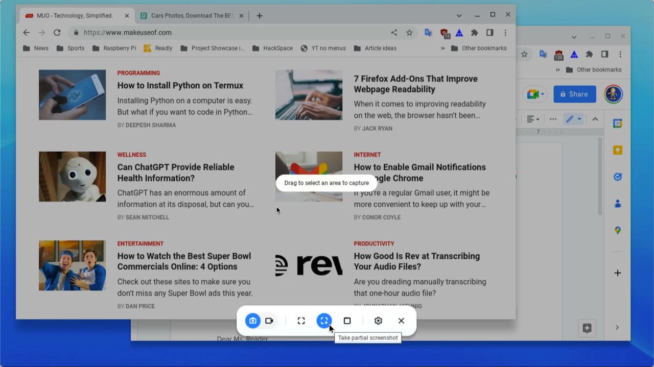 Chrome OS snipping toolbar with Take Partial Screenshot option selected