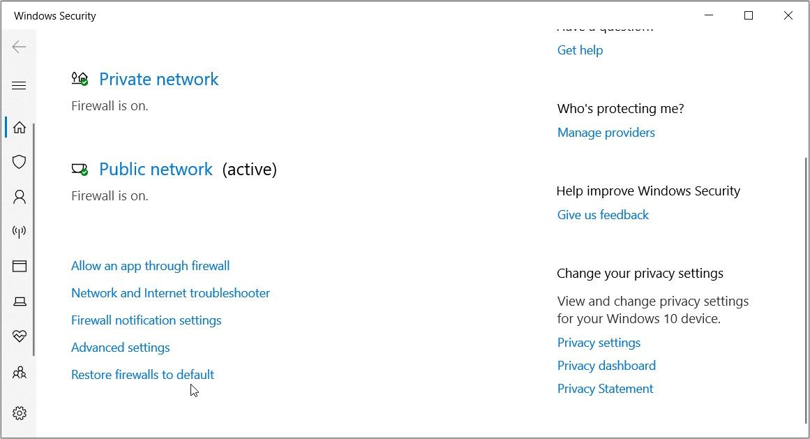 Clicking the Restore firewalls to default option