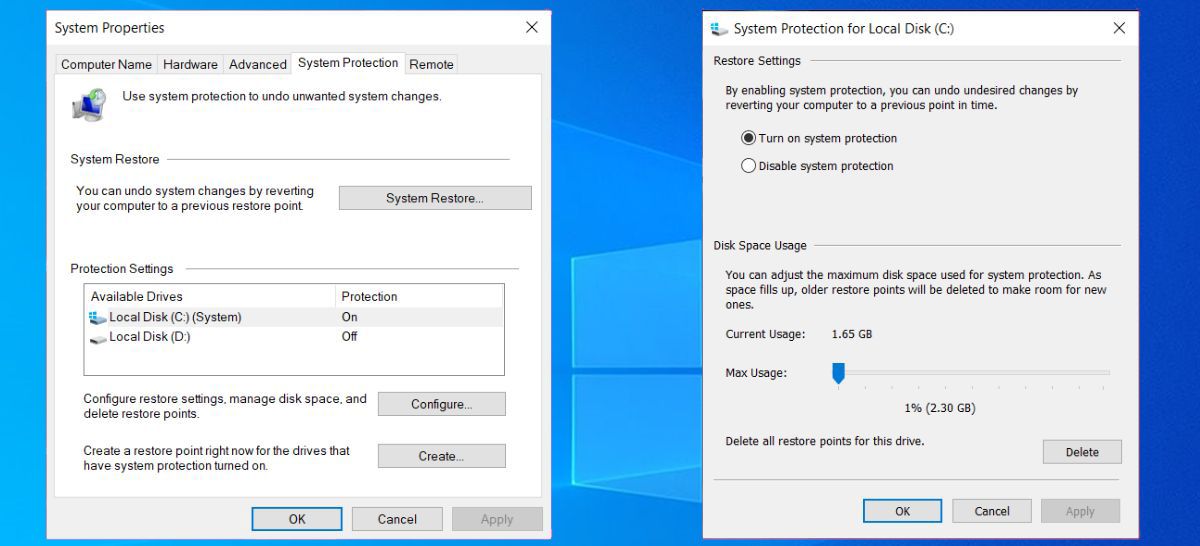 Restore points settings