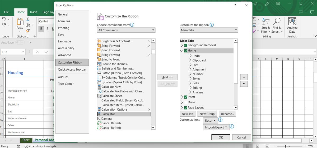 Customzie Excel toolbar