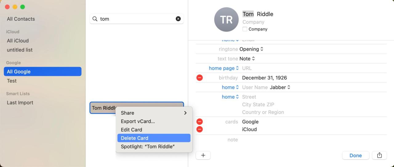 Deleting a contact from the contact list on the macOS Contacts app