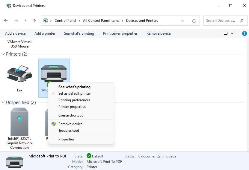 The Devices and Printers Control Panel applet