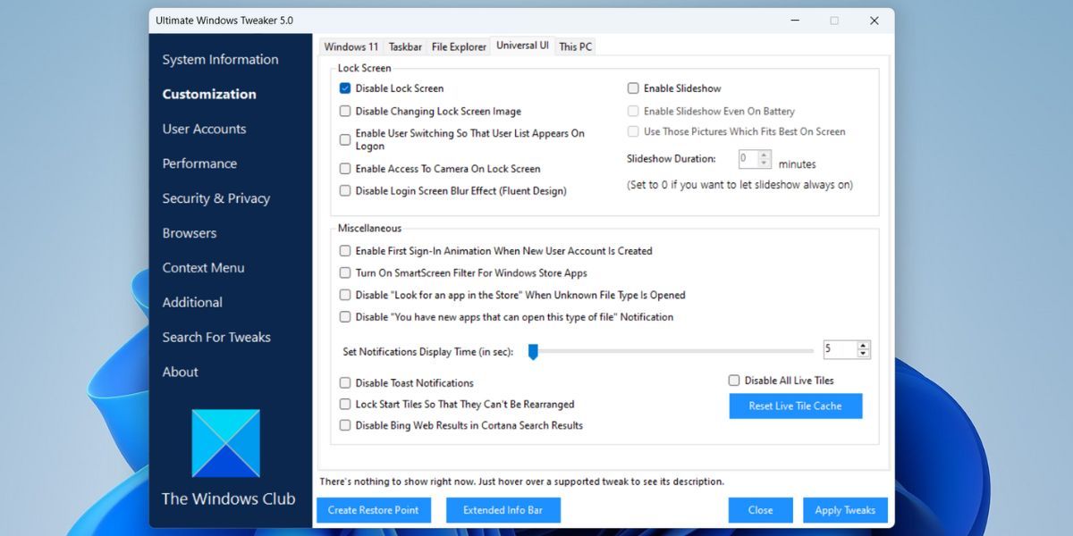 Disabling Lock Screen in Ultimate Windows Tweaker on Windows 11