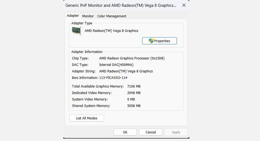 display adapter properties in Windows 11