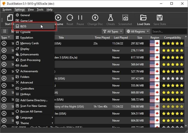 Duckstation Menu BIOS Entry