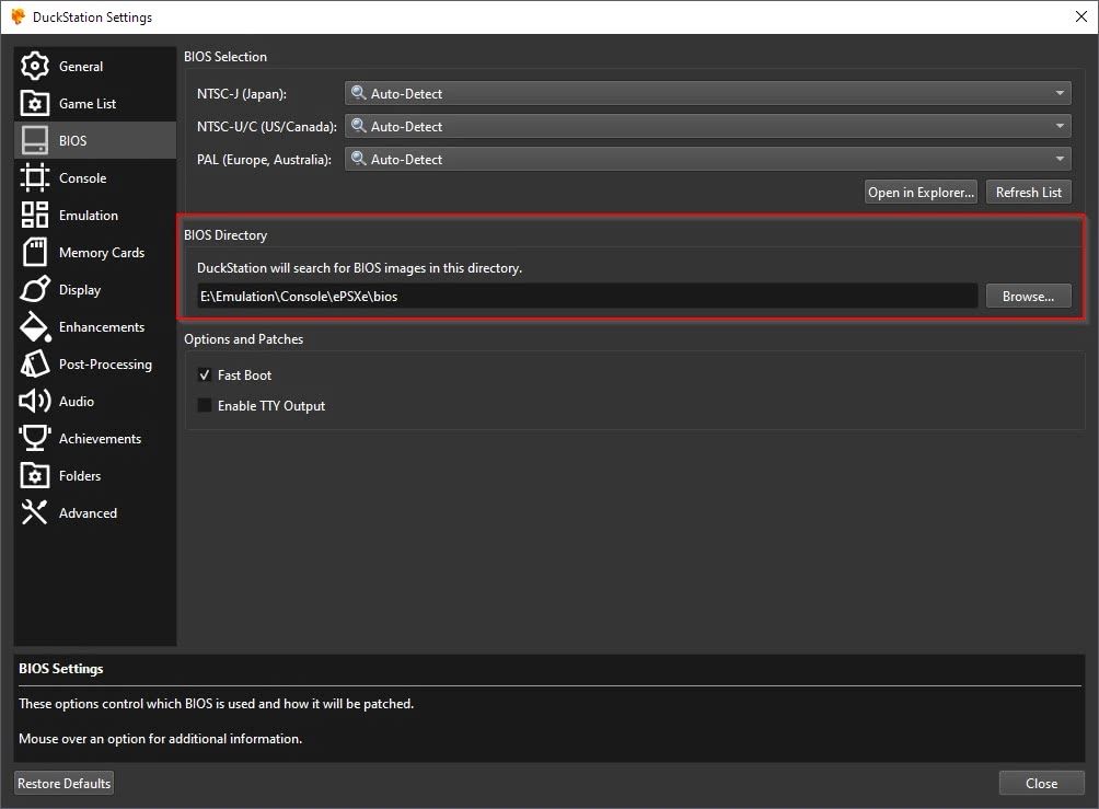 Duckstation Settings BIOS Directory