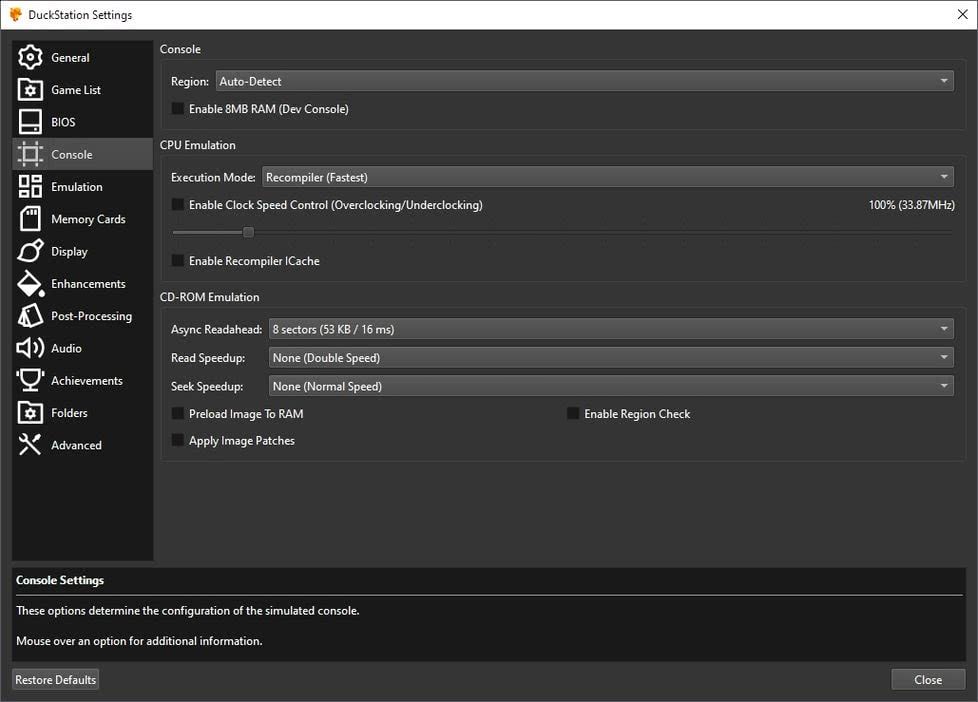 Duckstation Settings Console