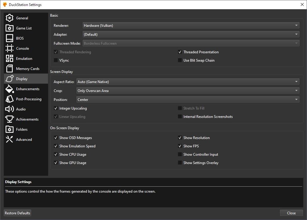 Duckstation Settings Display