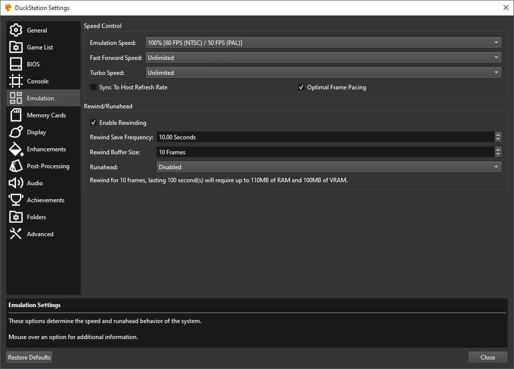 Duckstation Settings Emulation