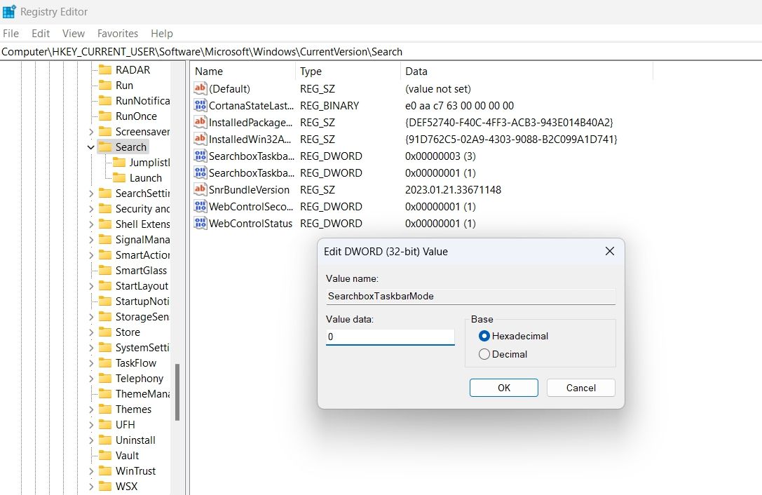 Editing the SearchboxTaskbarMode entry in the Registry Editor