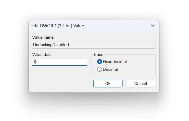 Editing UndockingDisabled in Registry Editor