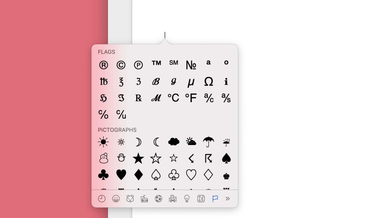 Emoji and Special Characters menu displaying symbols