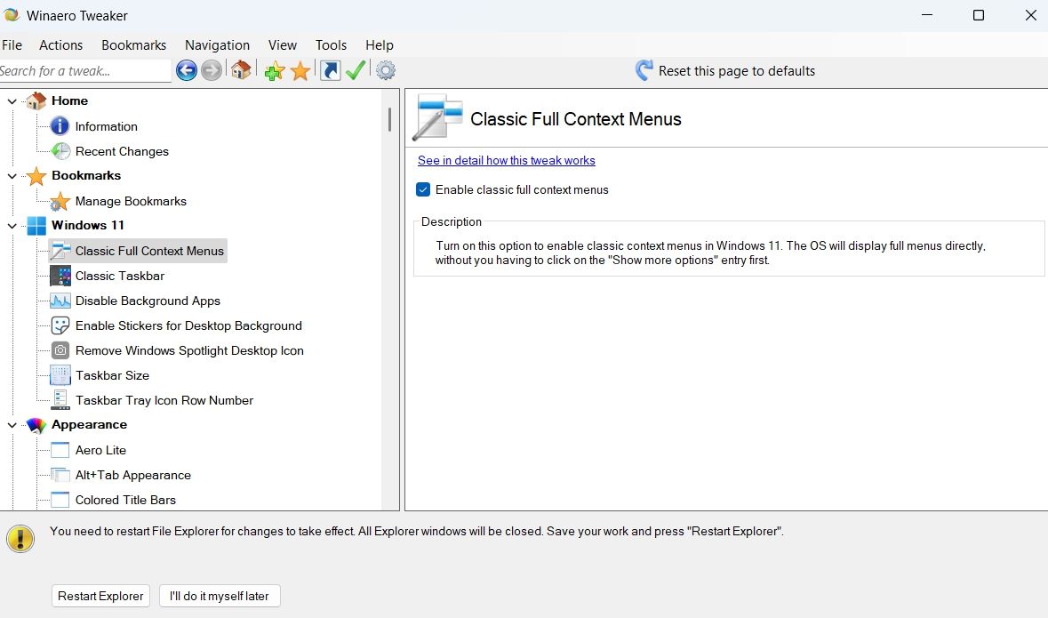 Enable classic full context menus option in Winaero