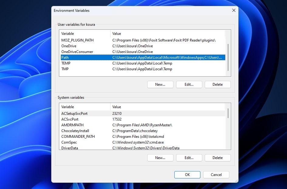 Environment Variables User Account Path