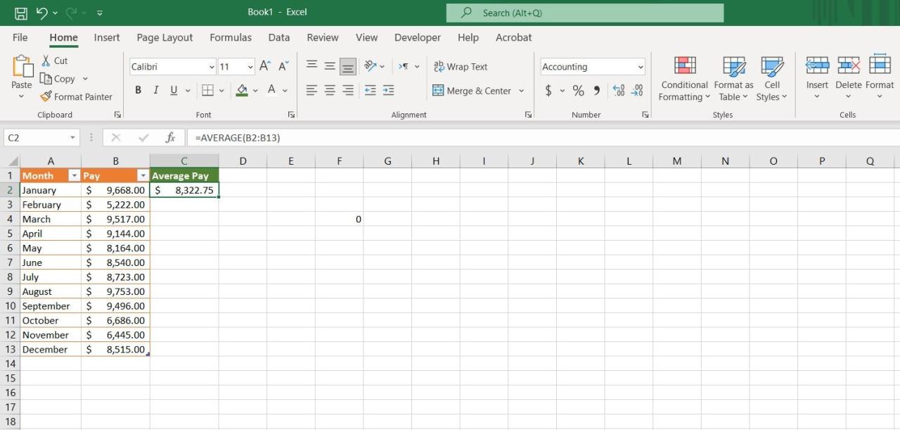 Calculating the average of a number series with AVERAGE in Excel