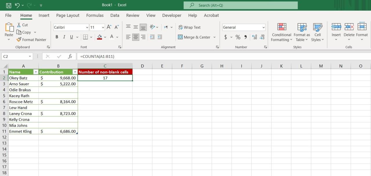 Counting non-blank cells in a table with COUNTA in Excel