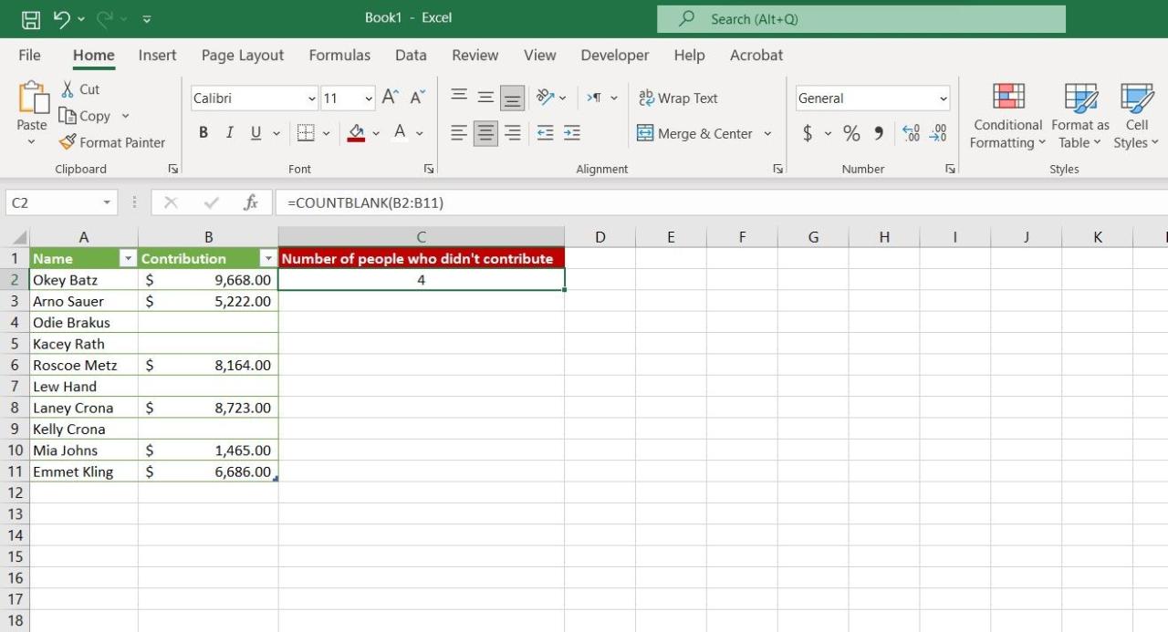 Counting blank cells in a series with COUNTBLANK in Excel