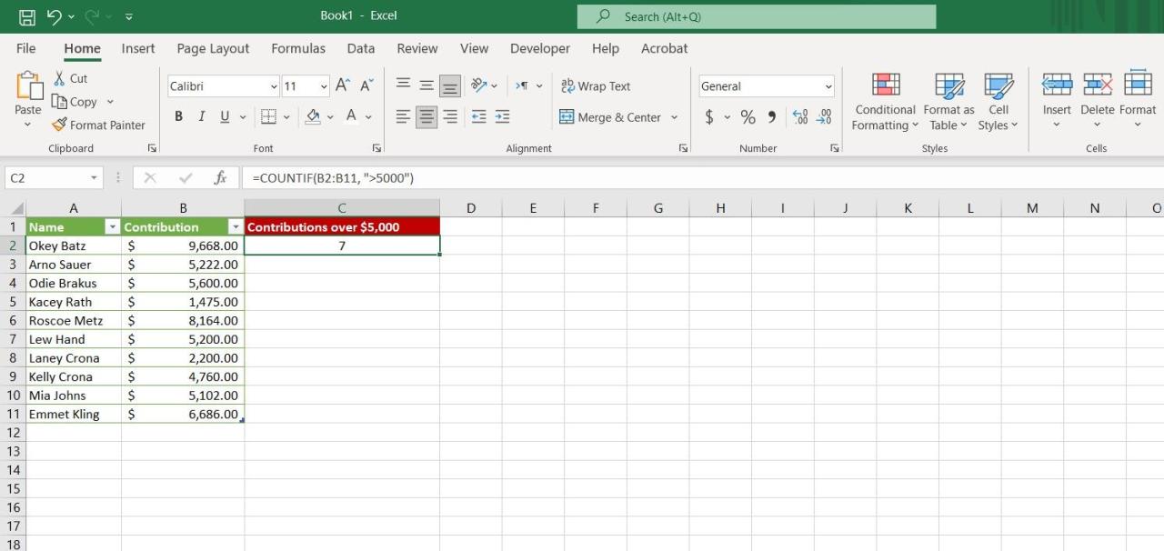 Using COUNTIF to count values greater than a specific number in Excel.