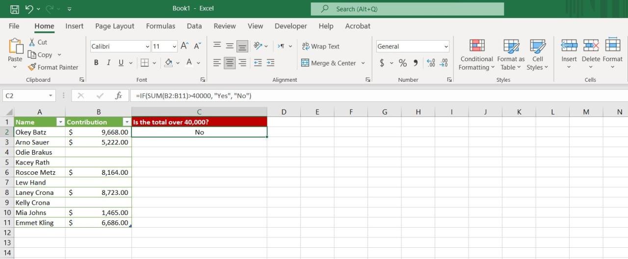 Determining if the sum of values are greater than a specific number using IF and SUM in Excel