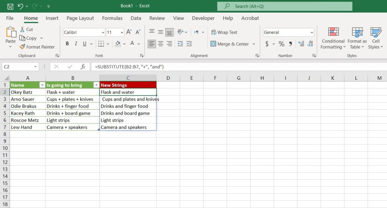 Replacing specific strings in a series with SUBSTITUTE in Excel.