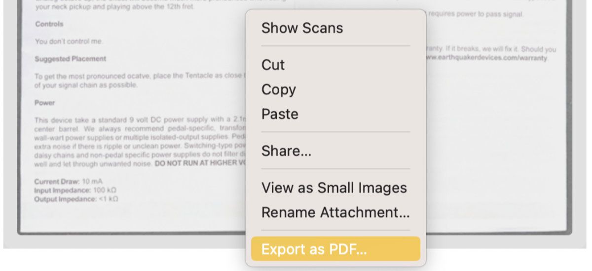 Exporting a scanned image as a PDF from Apple Notes on macOS