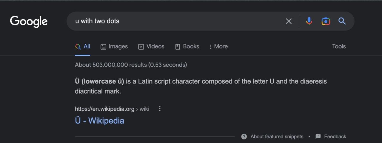 Google search displaying results for u with two dots