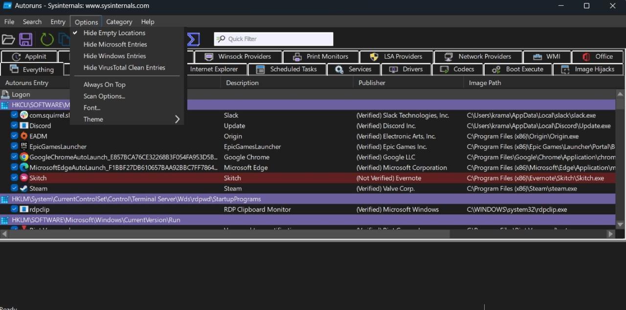 Hide Microsoft Entries option in Autoruns