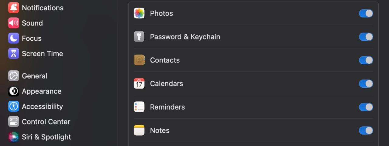 iCloud services list toggled on