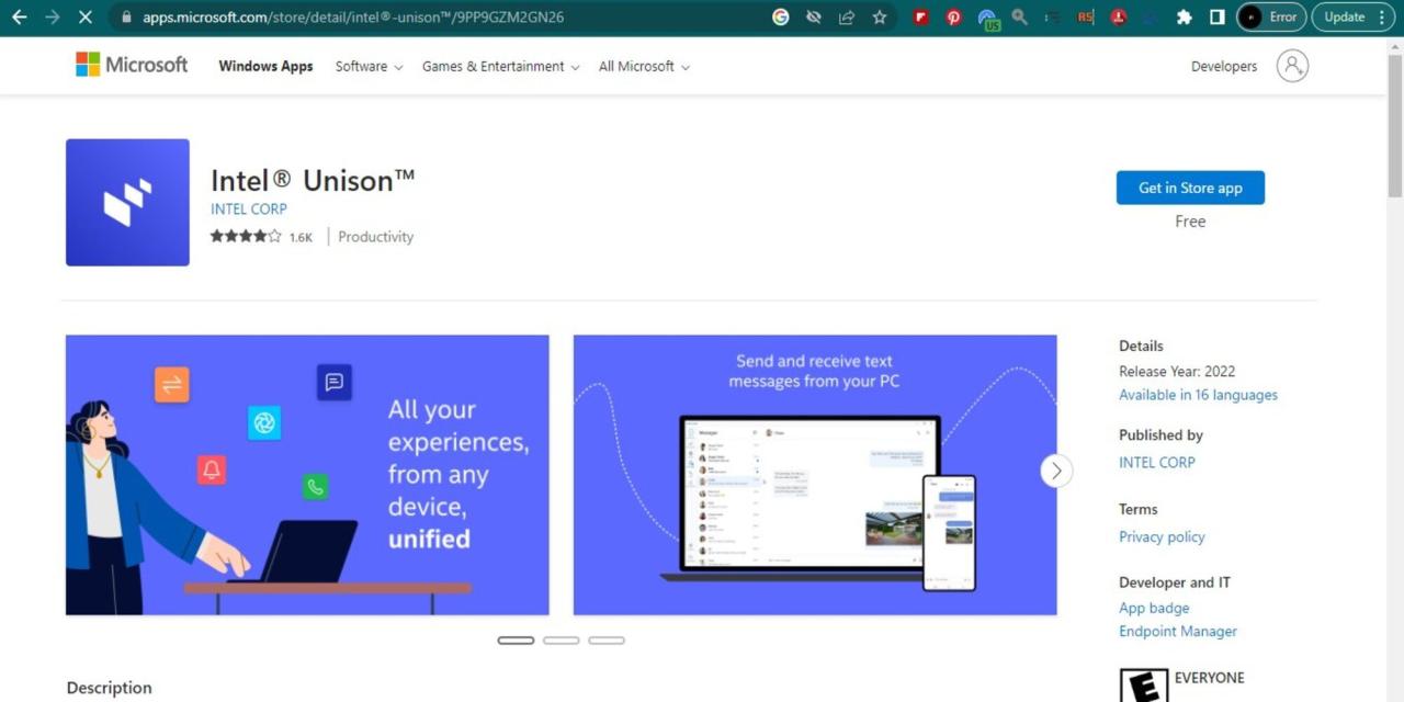 Intel Unison app in microsoft store 