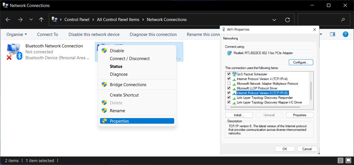 Network connection properties in Windows 11