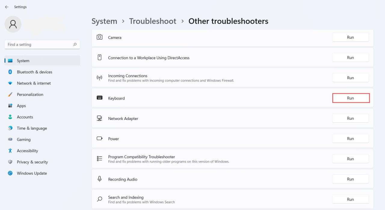 Click on the Run button to run the keyboard troubleshooter