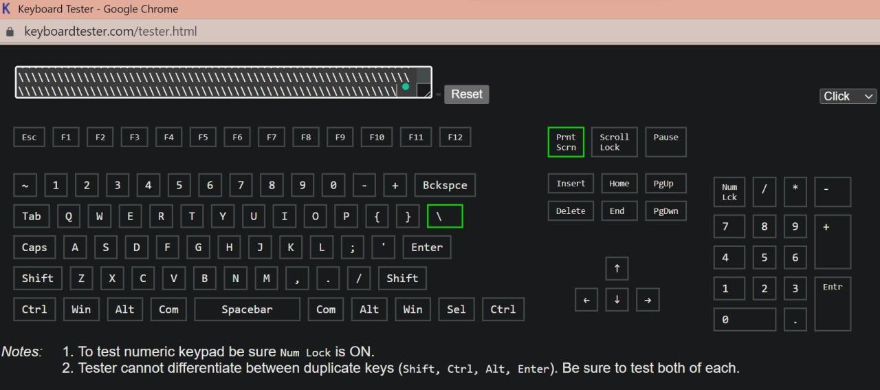 Keyboard Tester Showing a Key Pressed on a Keyboard