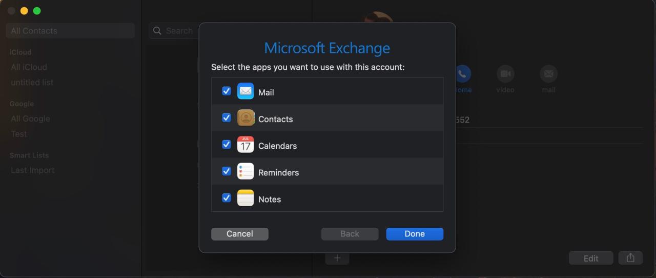 Microsoft Exchange with a list of services to sync in Contacts