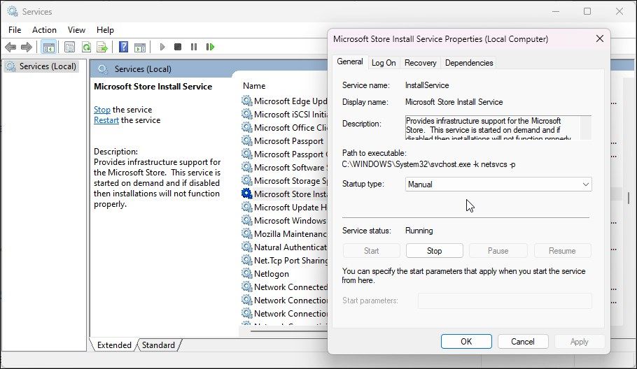 microsoft store install service manual startup type