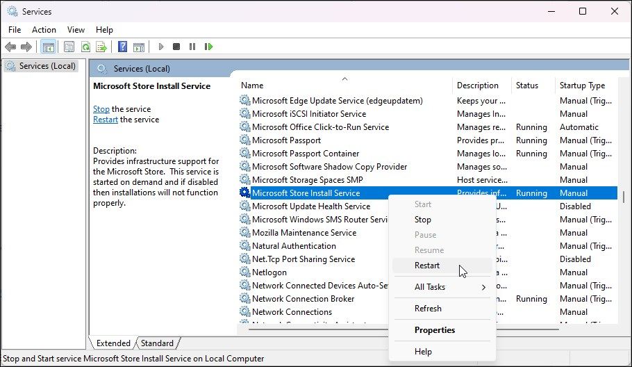 microsoft store install service restart