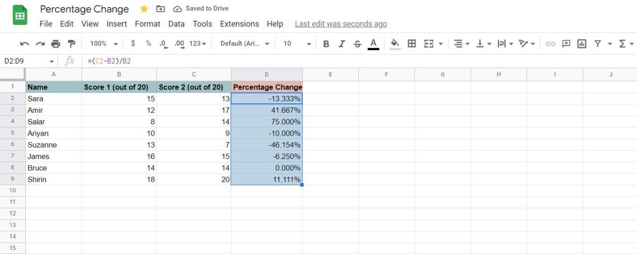 Percentage change with custom formatting in Google Sheets