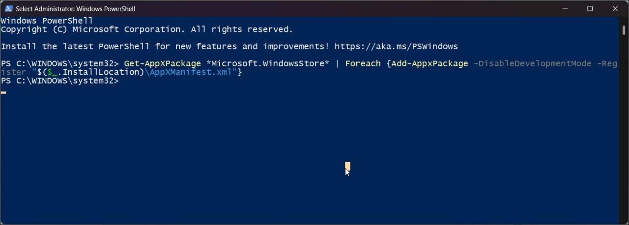 powershell re_register microsoft store app