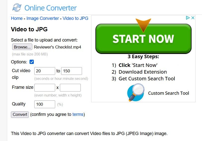 Preparing to Get JPG Stills From Video on Online Converter