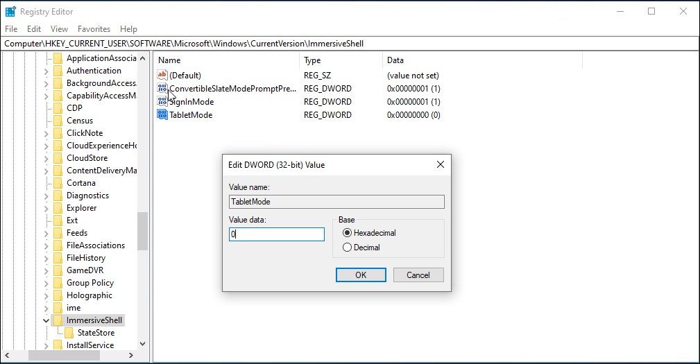 registry editor tabletmode modify disable