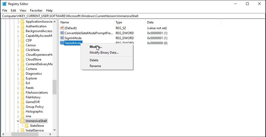 registry editor tabletmode modify