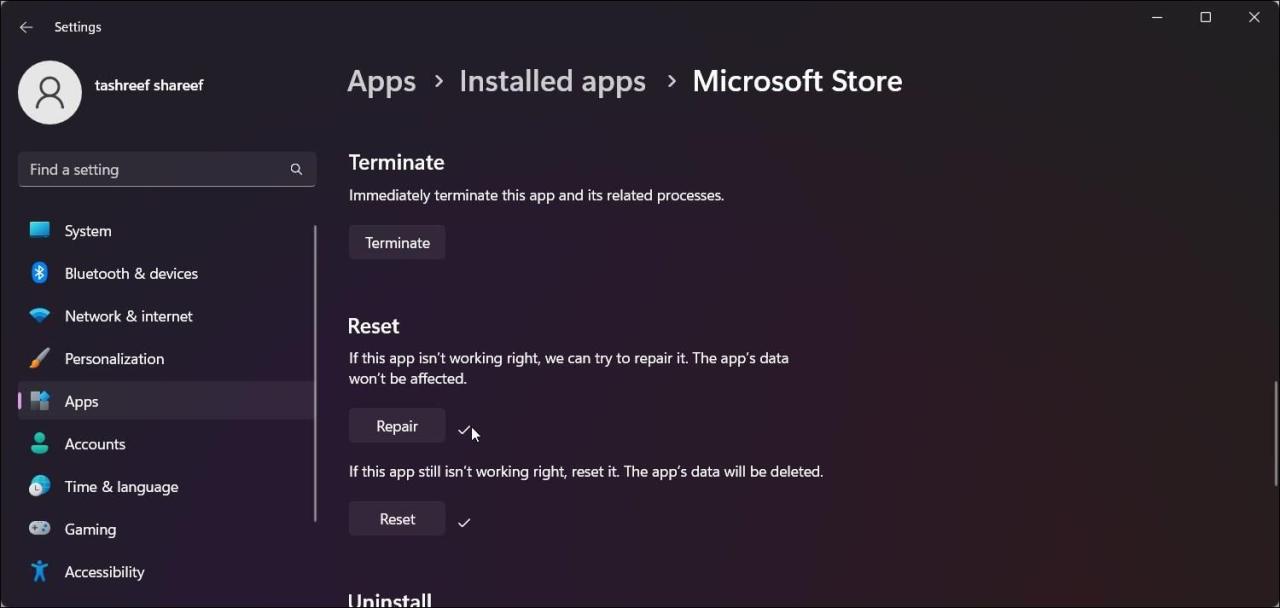 repair microsoft store windows 11