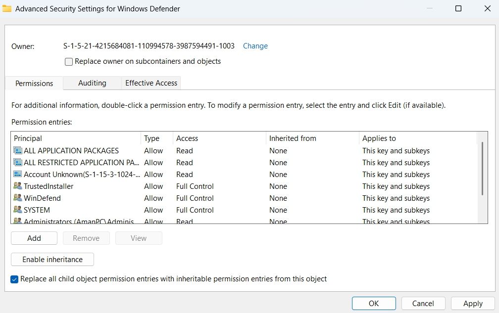 Replace all child object permission entries with inheritable permission entries from this object box